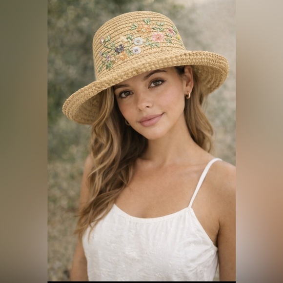 Cappelli Straworld Accessories - Cappelli Straworld Tan Wide-Brimmed Embroidered Hat